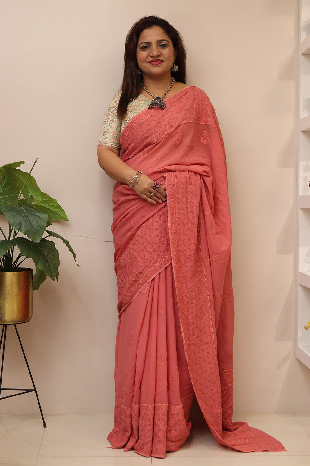 Pretty in Pink: Chikankari Hand Embroidered Georgette Saree - Luxurion World