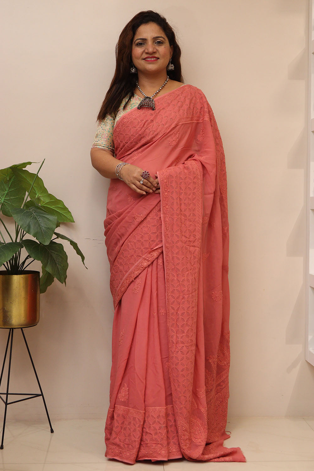 Pretty in Pink: Chikankari Hand Embroidered Georgette Saree - Luxurion World