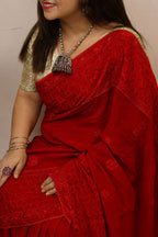 Red Chikankari Georgette Saree — Hand Embroidered, Festive
