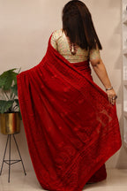 Red Chikankari Georgette Saree — Hand Embroidered, Festive