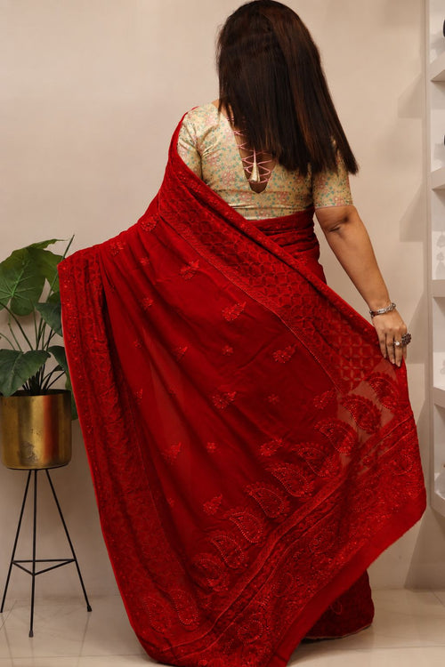 Red Chikankari Georgette Saree — Hand Embroidered, Festive