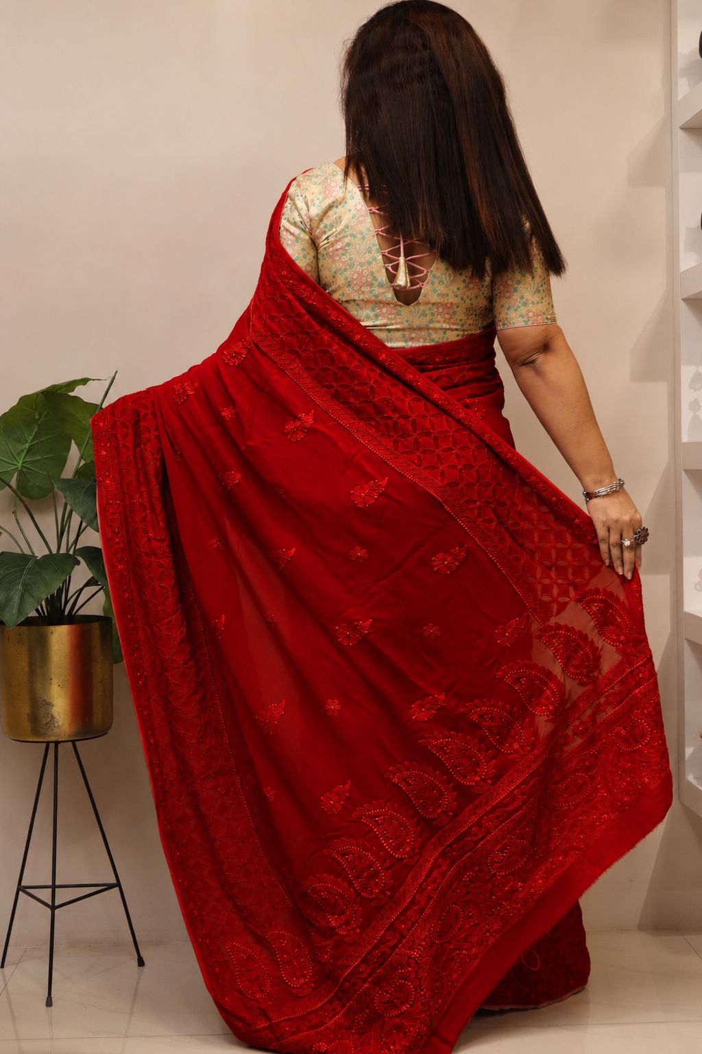 Red Chikankari Georgette Saree — Hand Embroidered, Festive