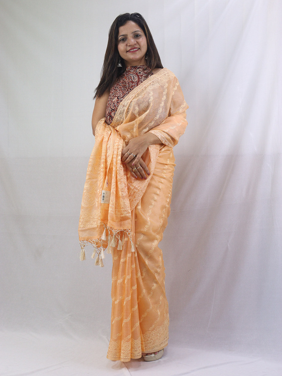 Stunning Orange Chikankari Kota Silk Saree with Embroidery - Luxurion World