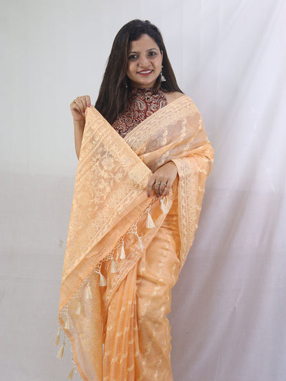 Stunning Orange Chikankari Kota Silk Saree with Embroidery