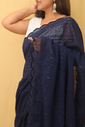 Blue Embroidered Chikankari Georgette Sequins Work Saree - Luxurion World