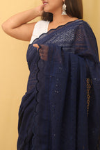 Blue Embroidered Chikankari Georgette Sequins Work Saree - Luxurion World