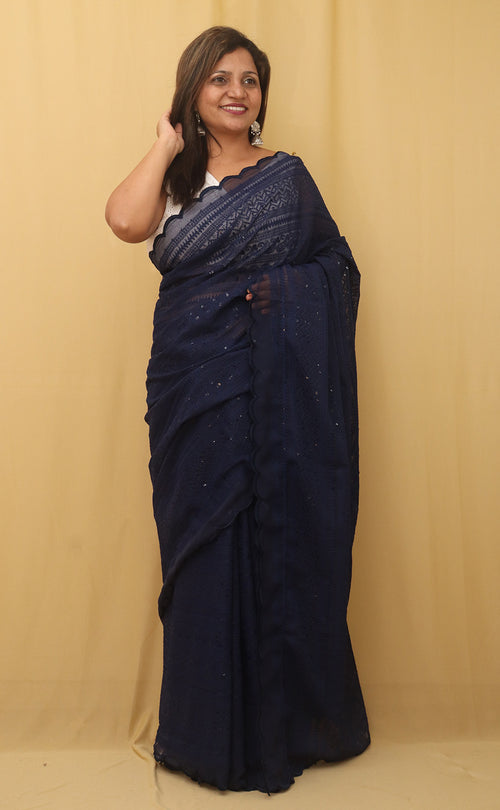 Blue Embroidered Chikankari Georgette Sequins Work Saree - Luxurion World