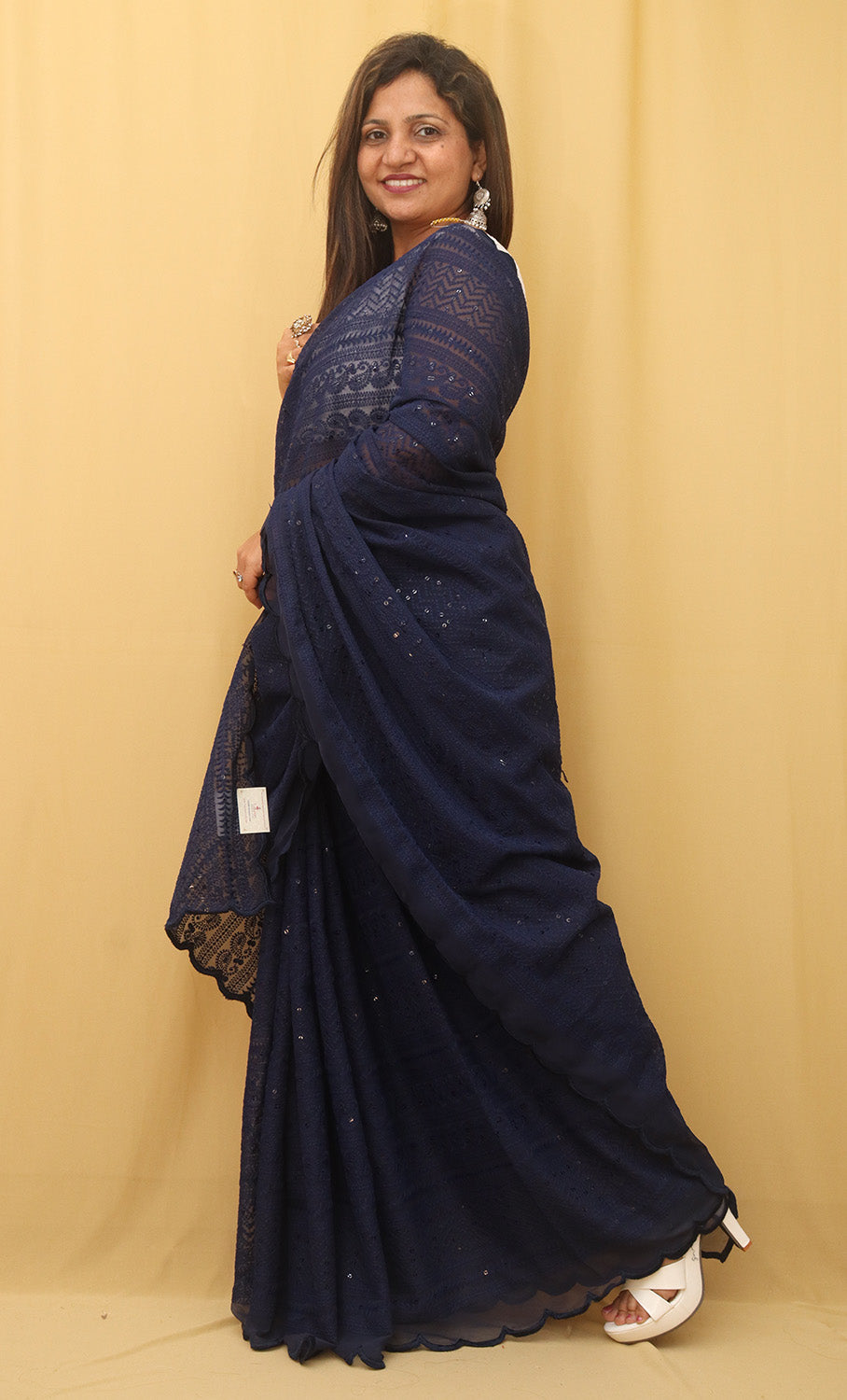 Blue Embroidered Chikankari Georgette Sequins Work Saree - Luxurion World