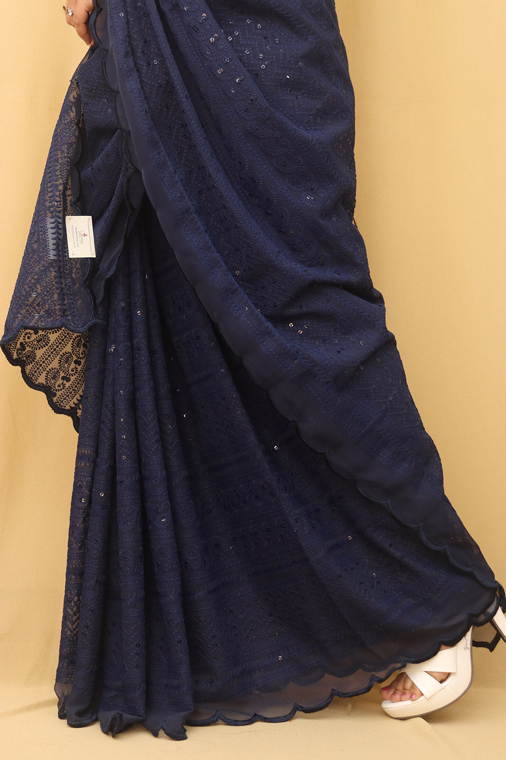 Blue Embroidered Chikankari Georgette Sequins Work Saree - Luxurion World