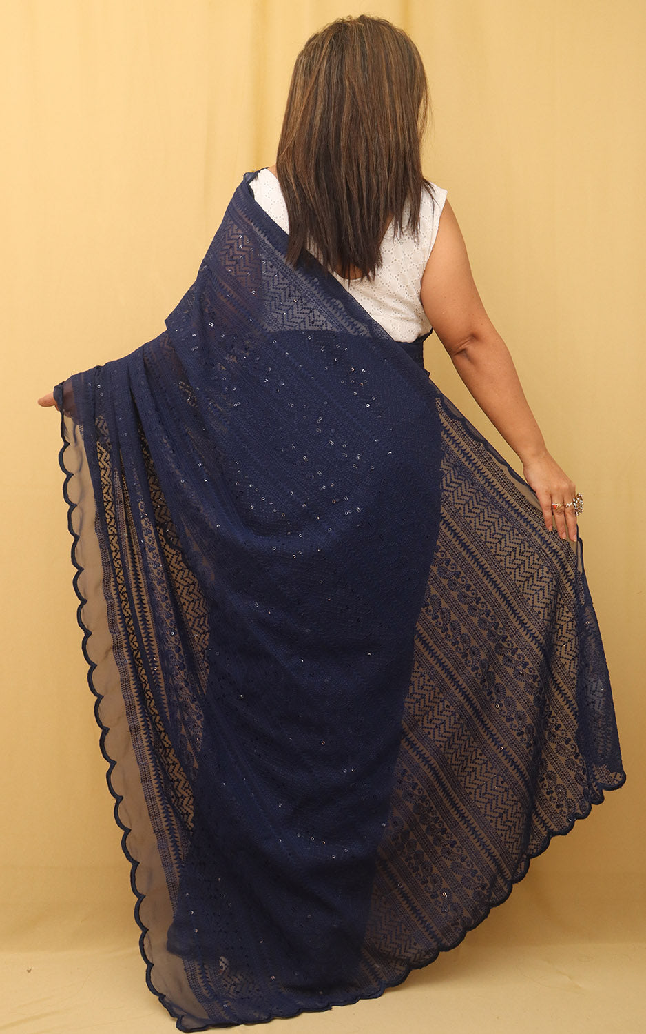 Blue Embroidered Chikankari Georgette Sequins Work Saree - Luxurion World