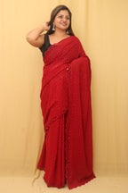 Red Embroidered Chikankari Georgette Sequins Work Saree - Luxurion World