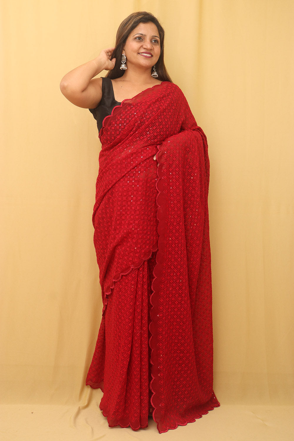 Red Embroidered Chikankari Georgette Sequins Work Saree - Luxurion World