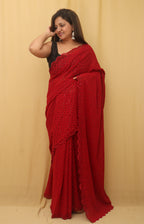 Red Embroidered Chikankari Georgette Sequins Work Saree - Luxurion World