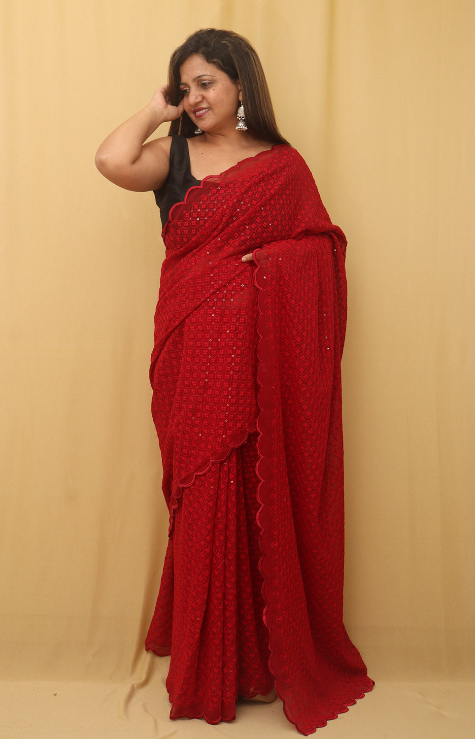 Red Embroidered Chikankari Georgette Sequins Work Saree - Luxurion World