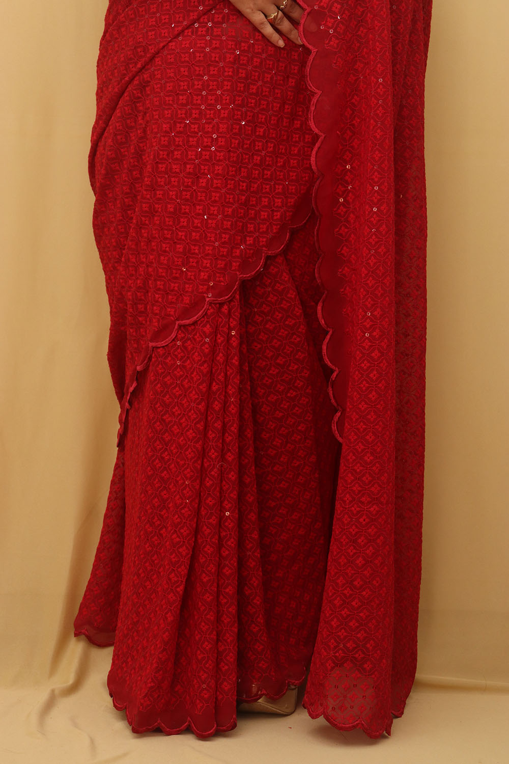 Red Embroidered Chikankari Georgette Sequins Work Saree - Luxurion World