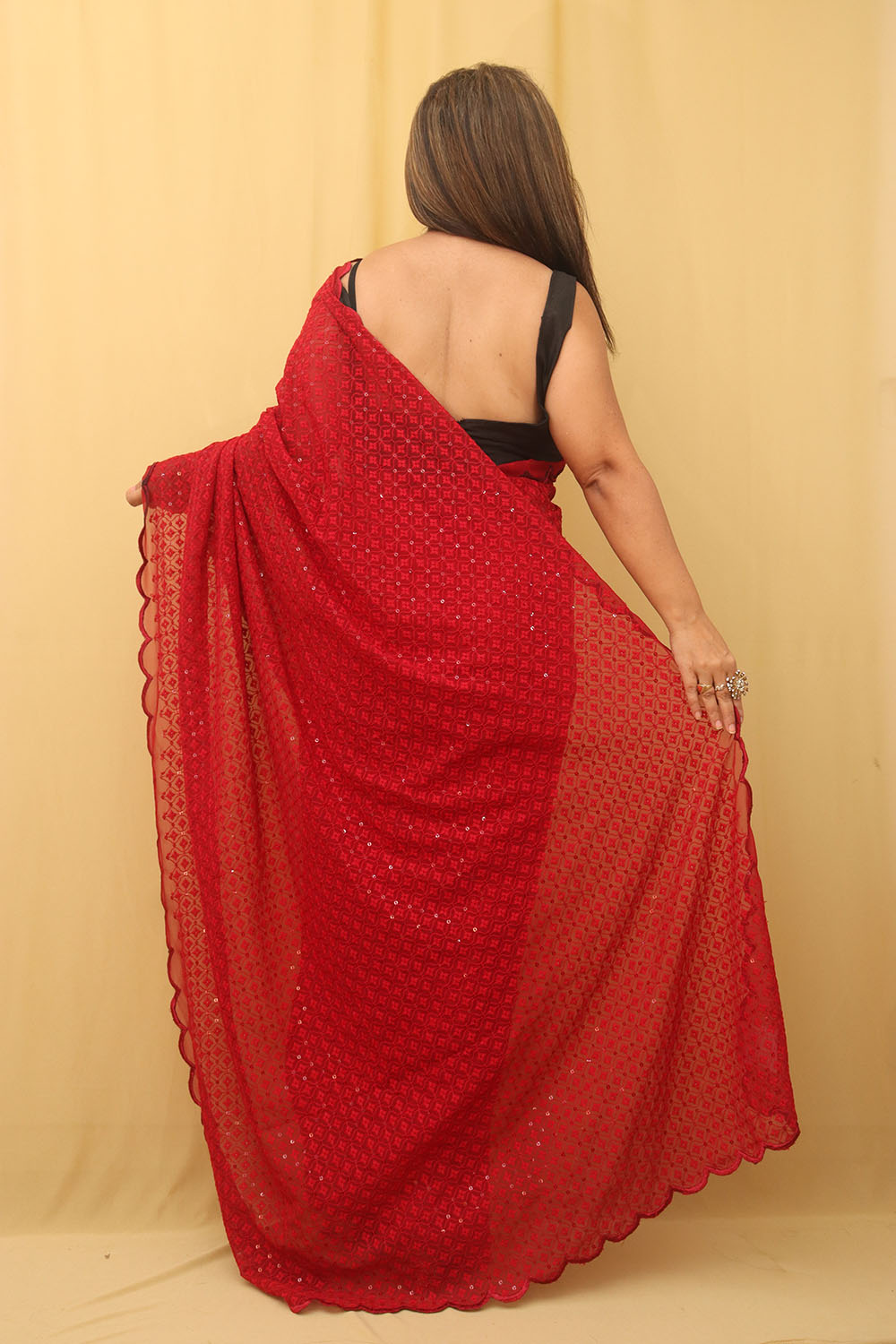 Red Embroidered Chikankari Georgette Sequins Work Saree - Luxurion World