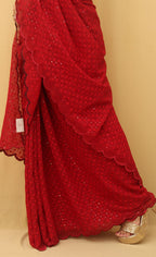 Red Embroidered Chikankari Georgette Sequins Work Saree - Luxurion World