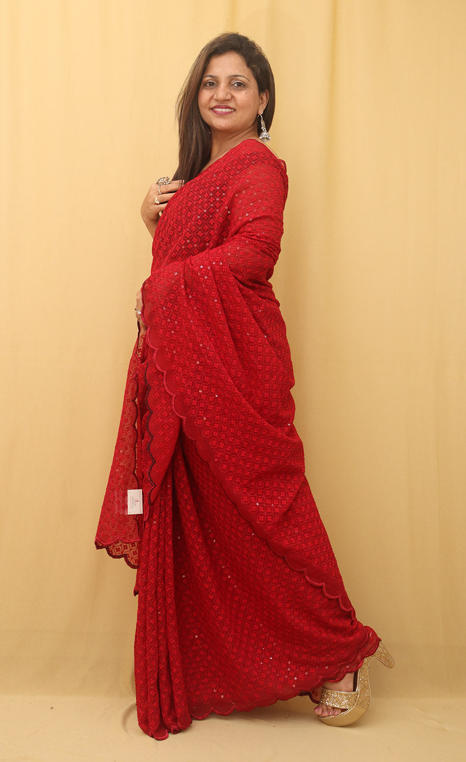 Red Embroidered Chikankari Georgette Sequins Work Saree - Luxurion World