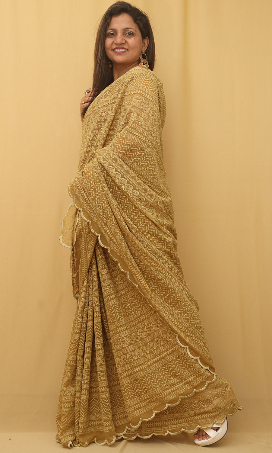 Pastel Embroidered Chikankari Georgette Sequins Work Saree - Luxurion World