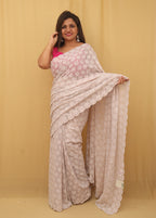Off White Embroidered Chikankari Georgette Sequins Work Saree - Luxurion World
