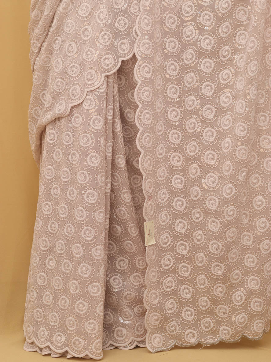 Off White Embroidered Chikankari Georgette Sequins Work Saree - Luxurion World