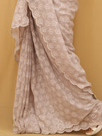 Off White Embroidered Chikankari Georgette Sequins Work Saree - Luxurion World