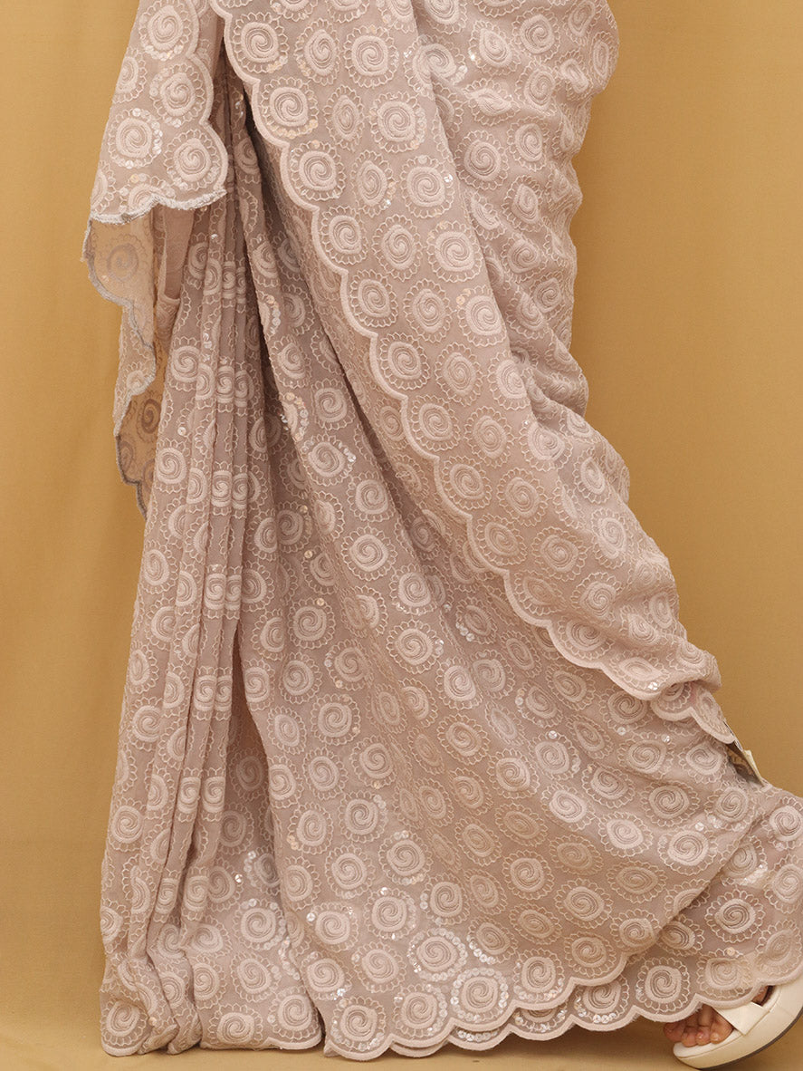 Off White Embroidered Chikankari Georgette Sequins Work Saree - Luxurion World