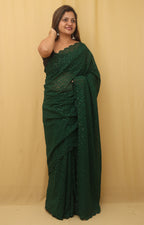 Green Embroidered Chikankari Georgette Sequins Work Saree - Luxurion World