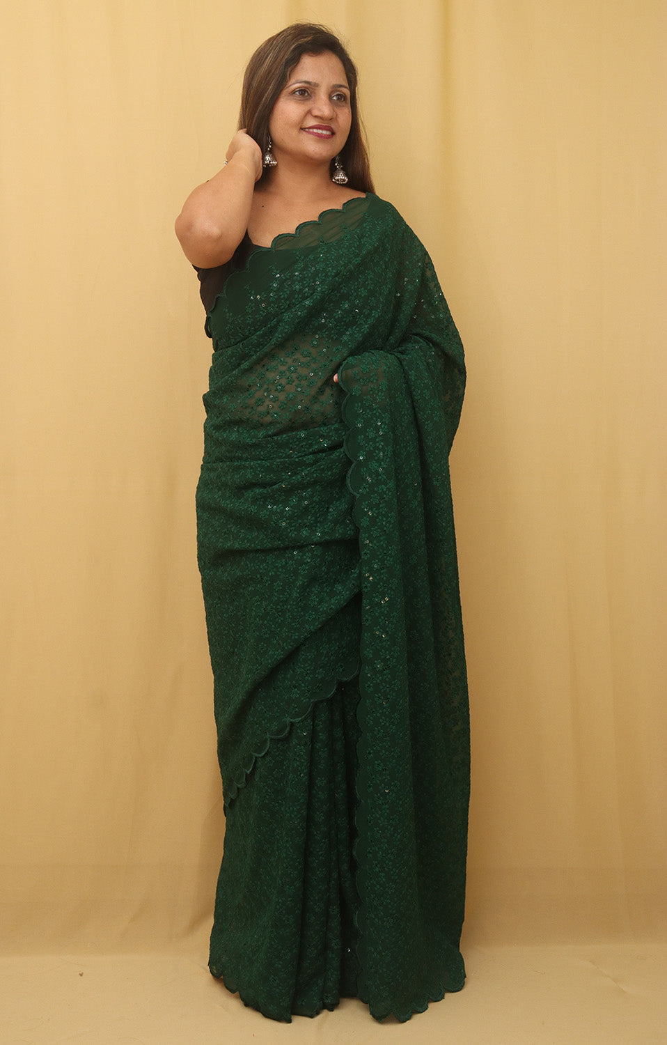 Green Embroidered Chikankari Georgette Sequins Work Saree - Luxurion World