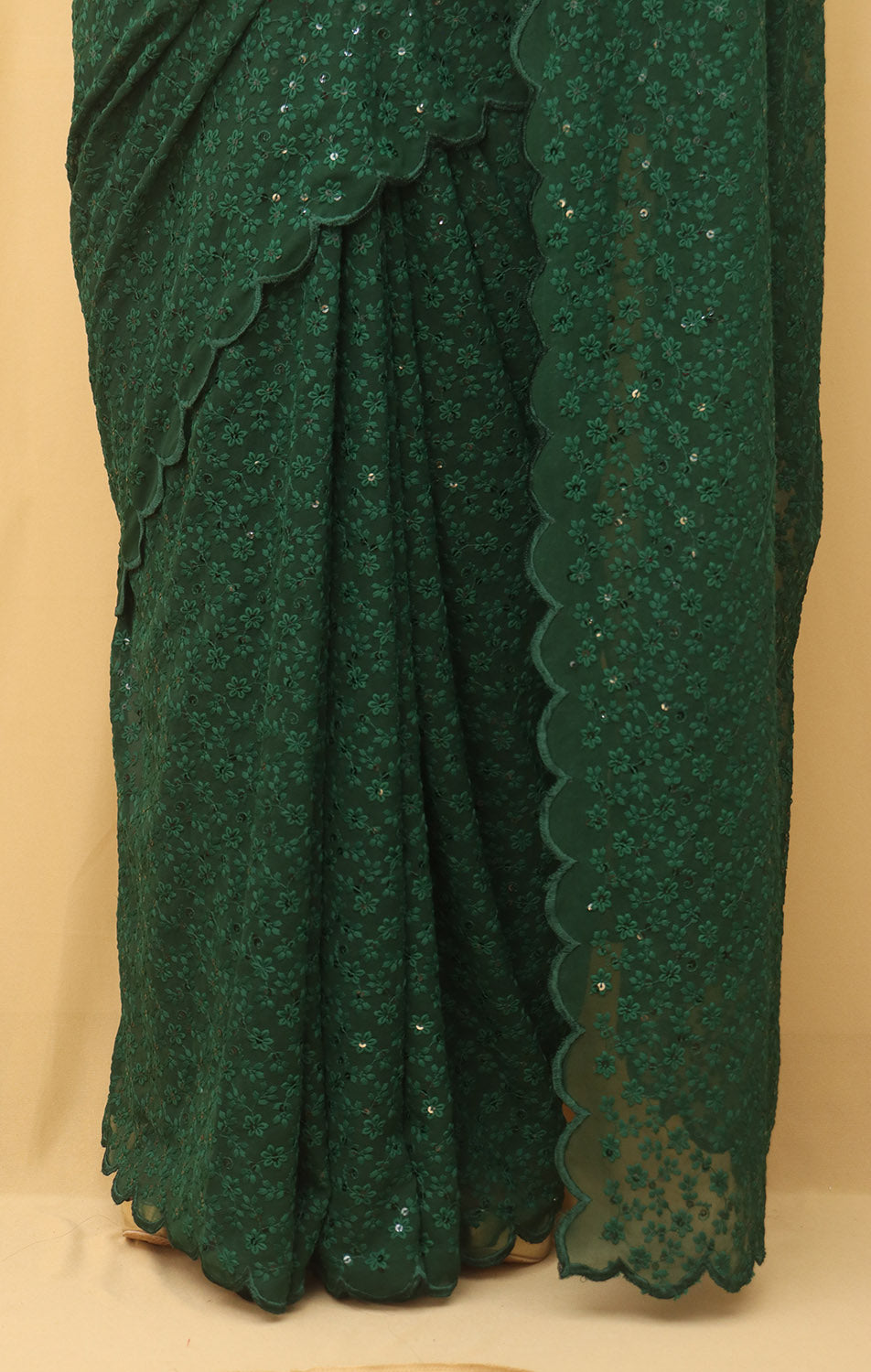 Green Embroidered Chikankari Georgette Sequins Work Saree - Luxurion World