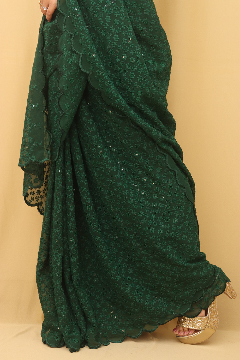 Green Embroidered Chikankari Georgette Sequins Work Saree - Luxurion World