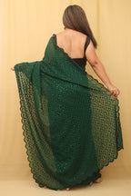Green Embroidered Chikankari Georgette Sequins Work Saree - Luxurion World