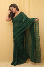 Green Embroidered Chikankari Georgette Sequins Work Saree - Luxurion World