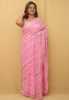 Pink Embroidered Chikankari Georgette Sequins Work Saree - Luxurion World