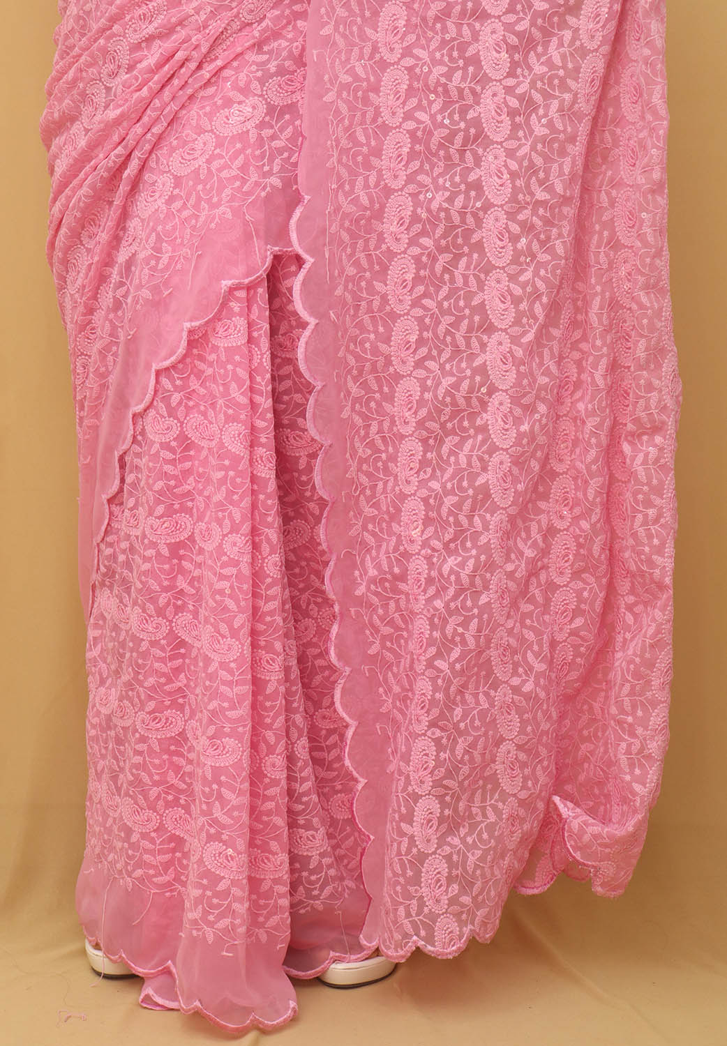 Pink Embroidered Chikankari Georgette Sequins Work Saree - Luxurion World