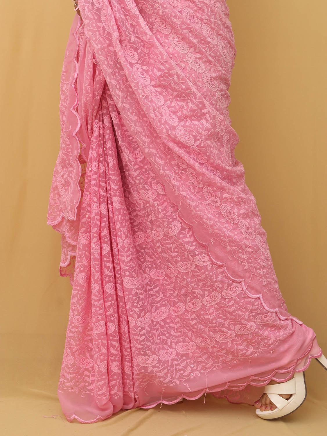 Pink Embroidered Chikankari Georgette Sequins Work Saree