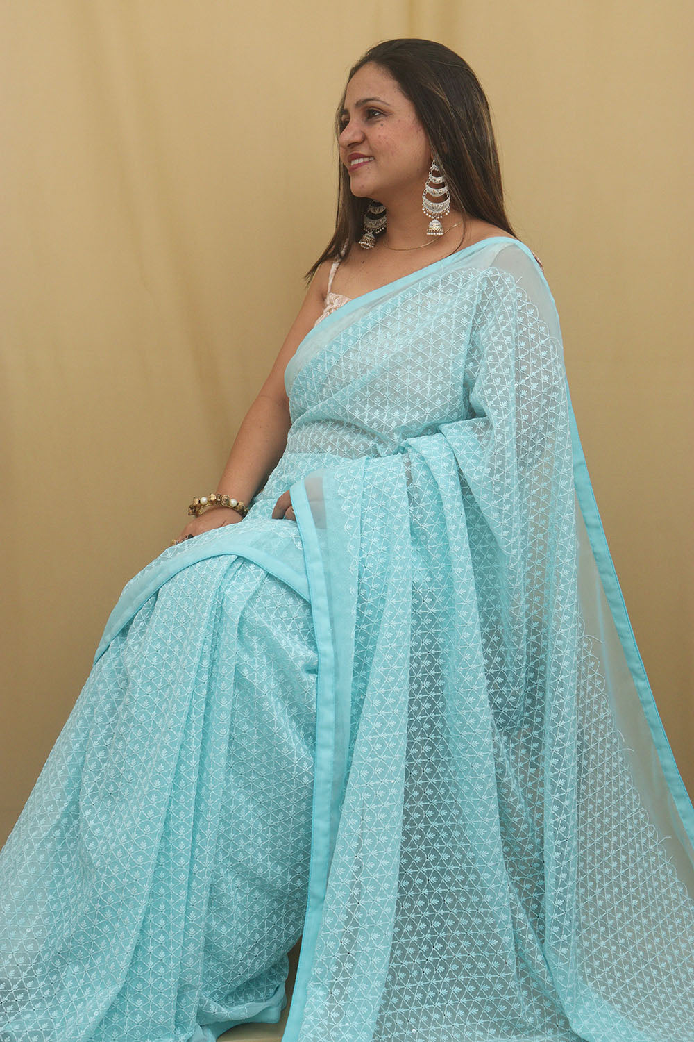 Exquisite Blue Chikankari Georgette Saree with Embroidered Elegance - Luxurion World