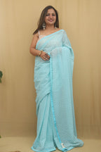 Exquisite Blue Chikankari Georgette Saree with Embroidered Elegance - Luxurion World