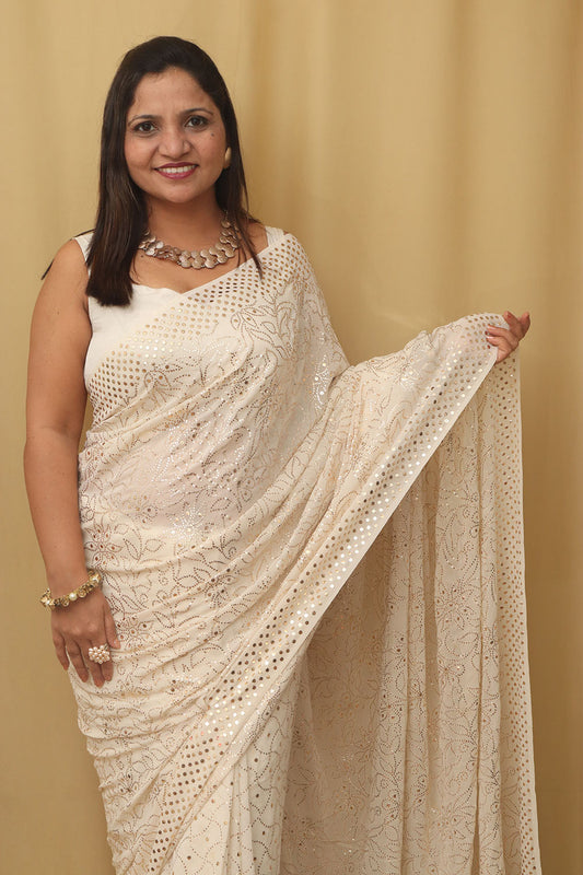Customizable Chikankari Georgette Saree with Mukaishwork - Luxurion World