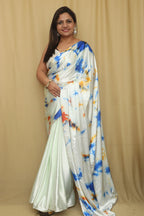 Stunning Off White Digital Printed Tie & Dye Satin Silk Saree - Luxurion World