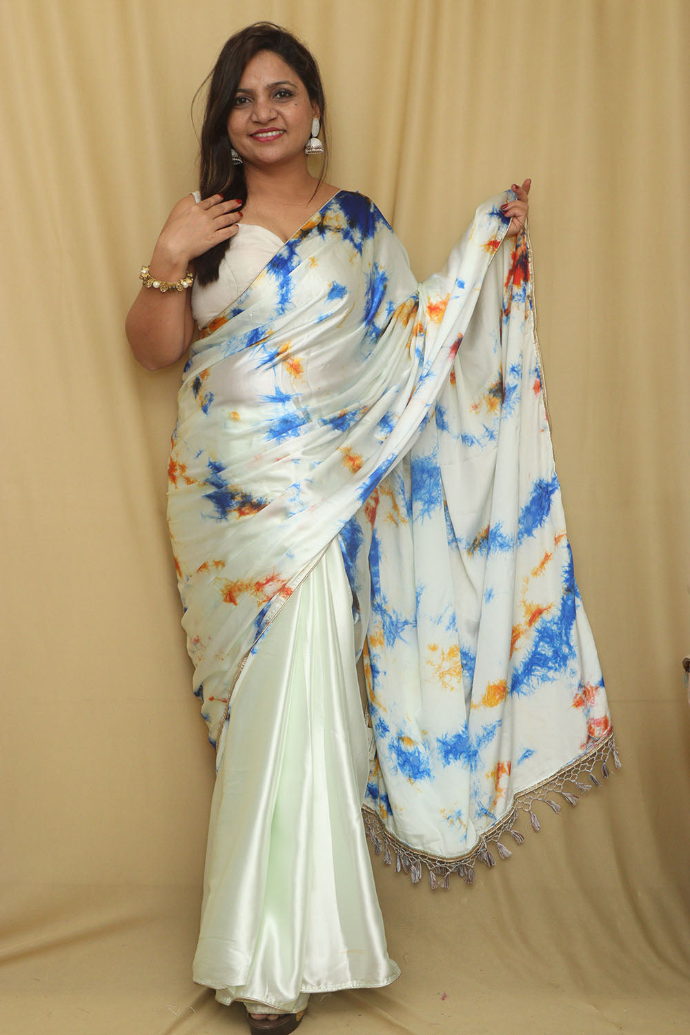 Stunning Off White Digital Printed Tie & Dye Satin Silk Saree - Luxurion World
