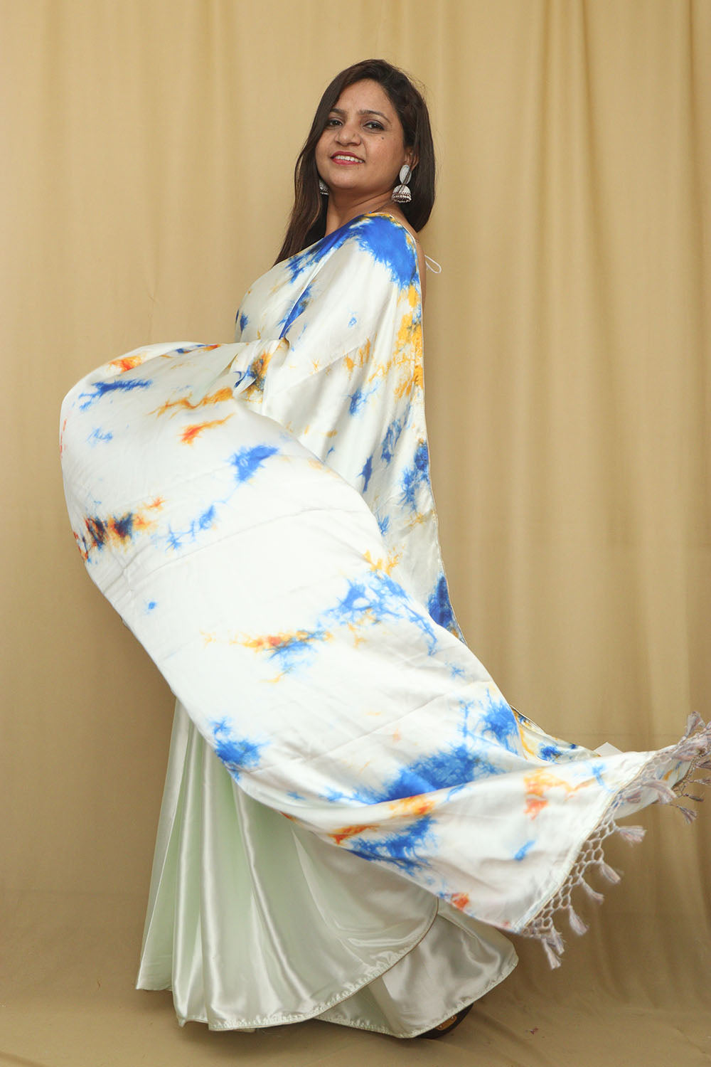 Stunning Off White Digital Printed Tie & Dye Satin Silk Saree - Luxurion World