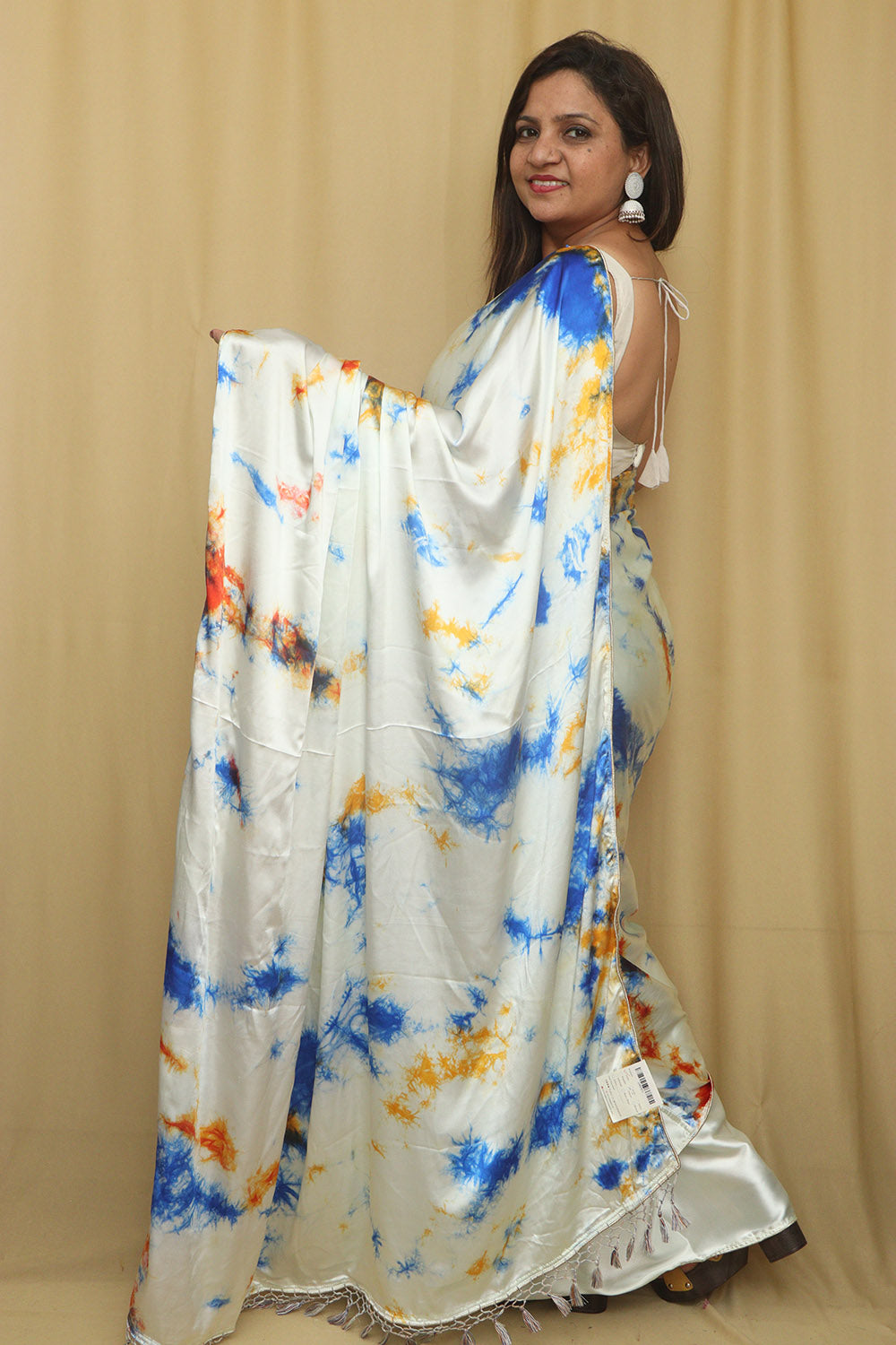 Stunning Off White Digital Printed Tie & Dye Satin Silk Saree - Luxurion World