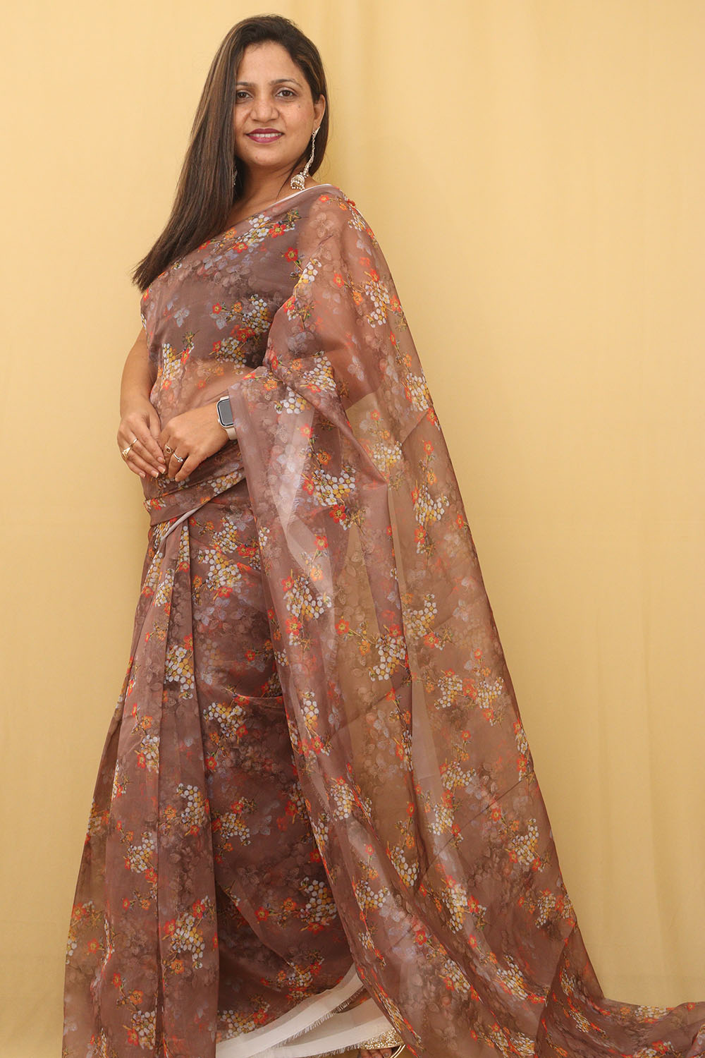 Floral Bliss: Brown Organza Silk Saree with Digital Print - Luxurion World