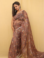 Floral Bliss: Brown Organza Silk Saree with Digital Print - Luxurion World