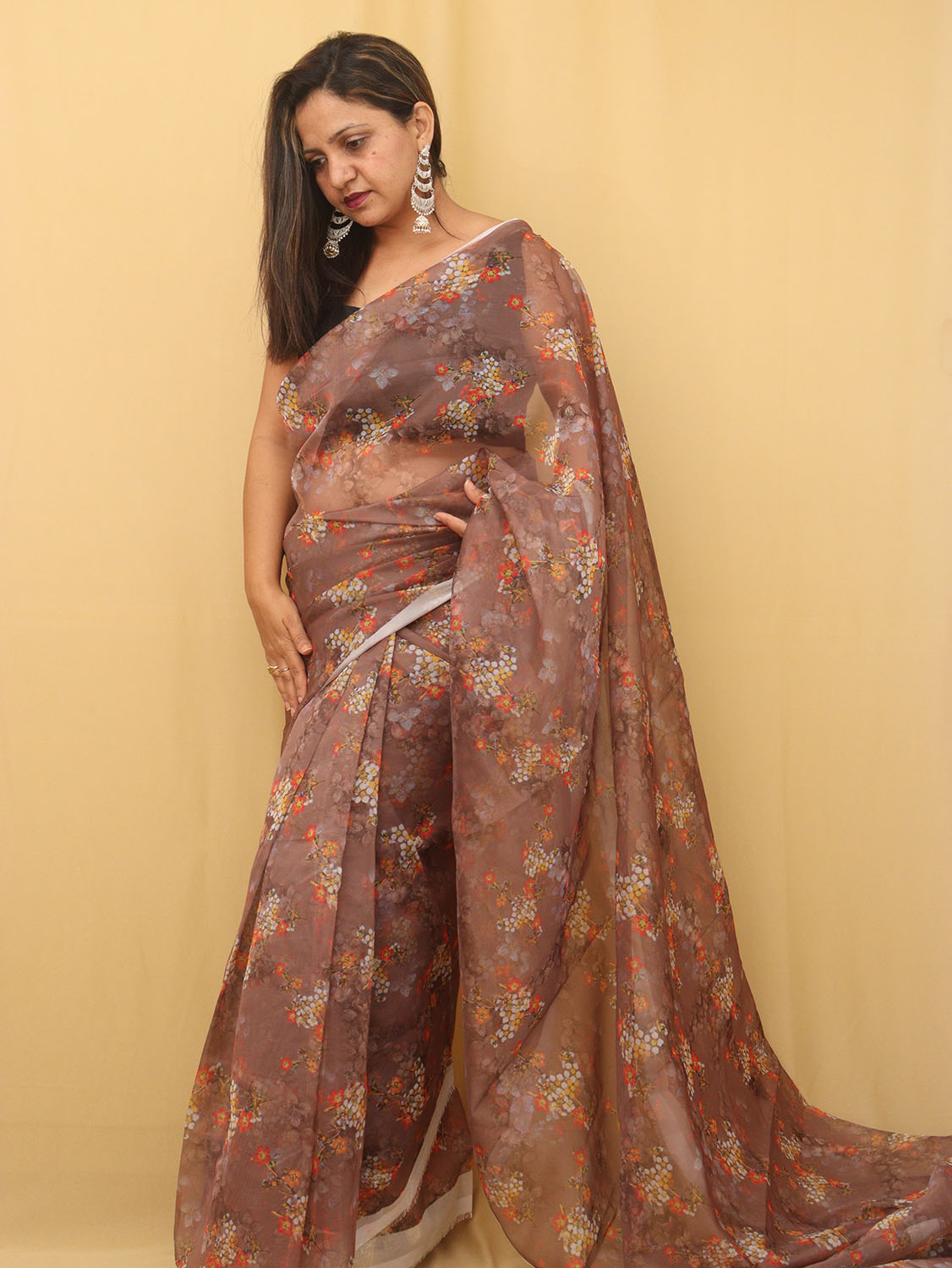 Floral Bliss: Brown Organza Silk Saree with Digital Print - Luxurion World