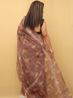 Floral Bliss: Brown Organza Silk Saree with Digital Print - Luxurion World