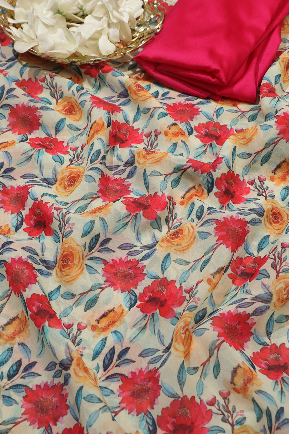 Off White Georgette Floral Saree with Silk Blouse - Luxurion World