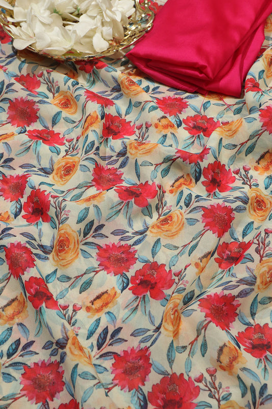 Off White Georgette Floral Saree with Silk Blouse - Luxurion World