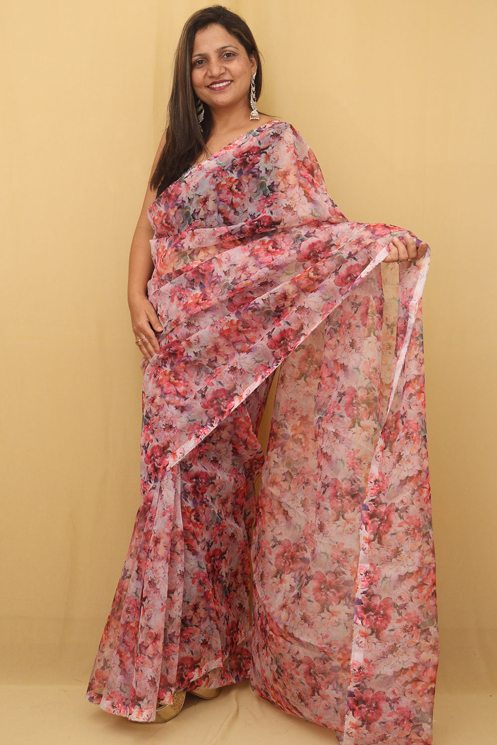 Multicolor Digital Print Floral Organza Saree - Luxurion World